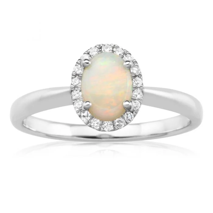 Affordable solitaire engagement ring for women-9ct White Gold 0.45ct Natural White Opal and Diamond Halo Ring