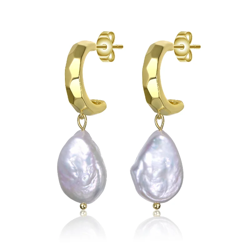 Engagement earrings for women-Sterling Silver 14K Gold Plated with Irregular Freshwater Pearl Dangle Earrings