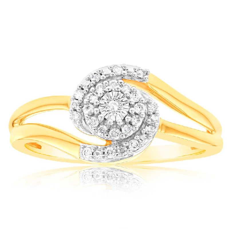 Oval cut engagement ring for women-9ct Yellow Gold 23 Diamonds Swirl Ring