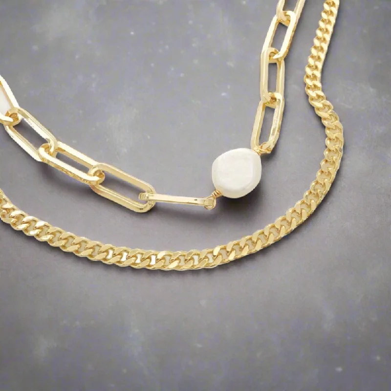 Modern necklace for women-Brass YGP Baroque Pearl With Paperclip, Half Curb Chain Necklace