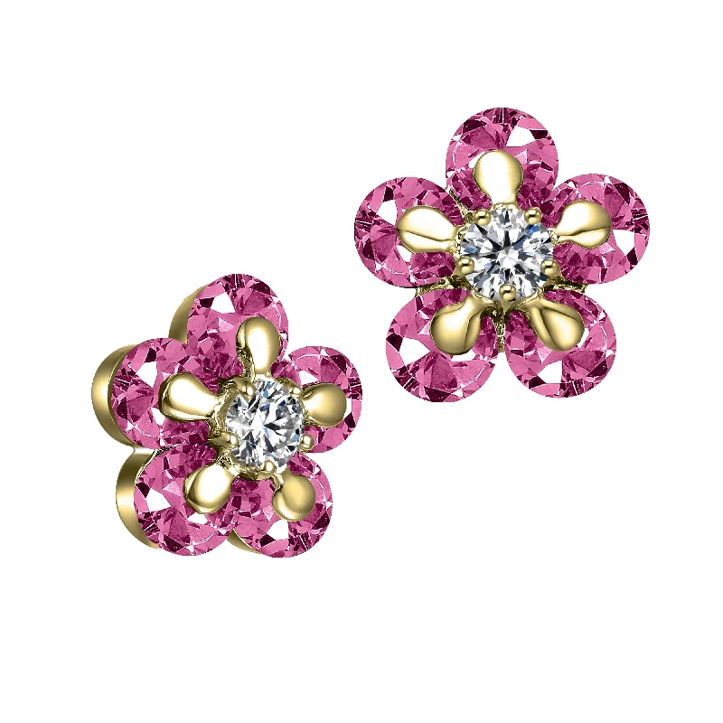 Stud earrings for women-Pink Bloom Gold Sterling Silver Cubic Zirconia Stud Earrings