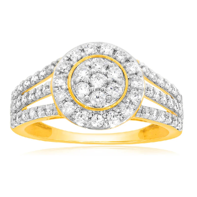 Engagement ring with large sapphire for women-9ct Yellow Gold 1 Carat Diamond Round Shape Cluster Ring