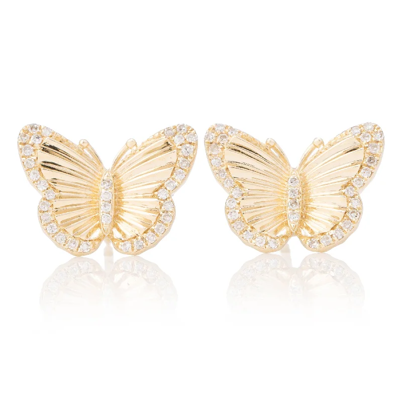 Custom earrings for women-Pleated Double Diamond Trim Butterfly Studs