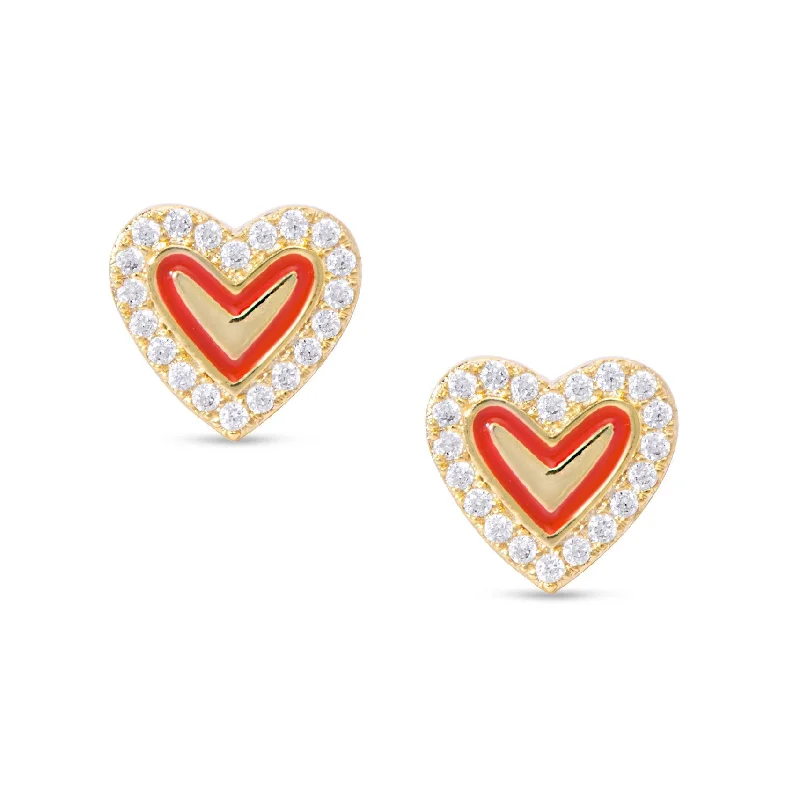 Simple stud earrings for women-Red Heart & CZ Stud Earrings