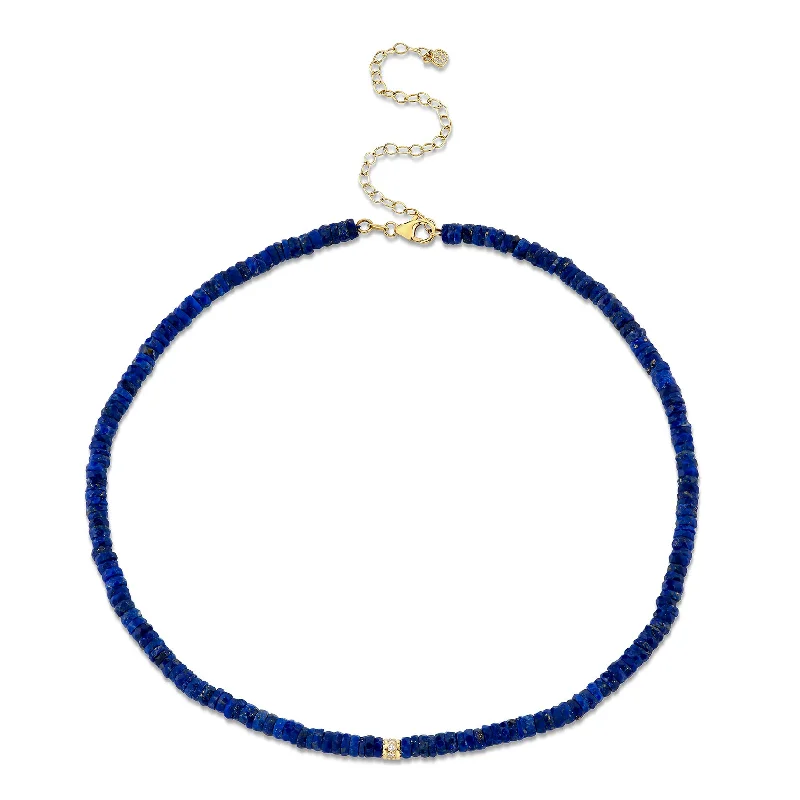 Large gemstone necklace for women-Gold & Diamond Rondelle Lapis Heishi Necklace