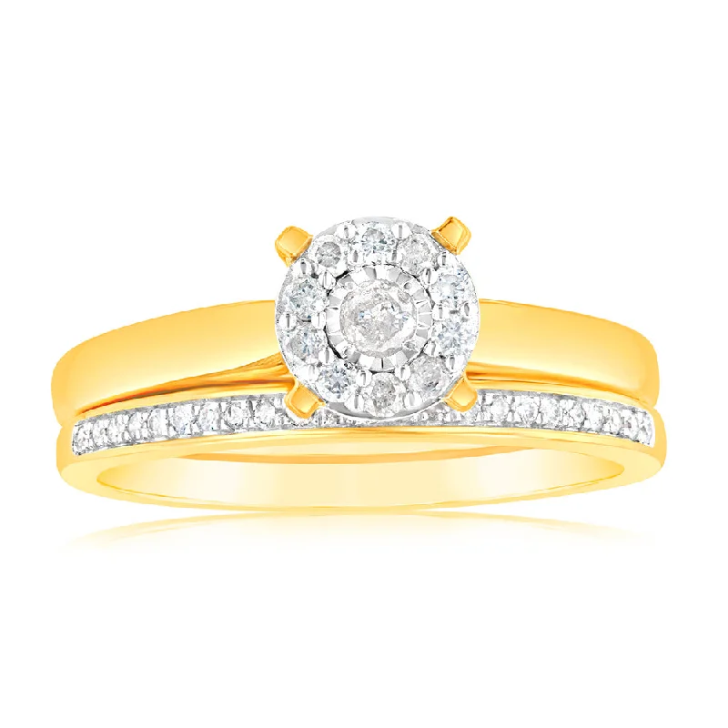 Vintage style engagement ring for women-Gold Plated Sterling Silver 1/5 Carat Diamond Bridal 2-Ring Set