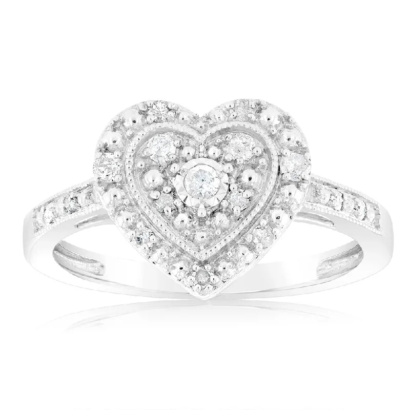 Platinum wedding engagement ring for women-1/6 Carat Diamond Heart Ring in Sterling Silver