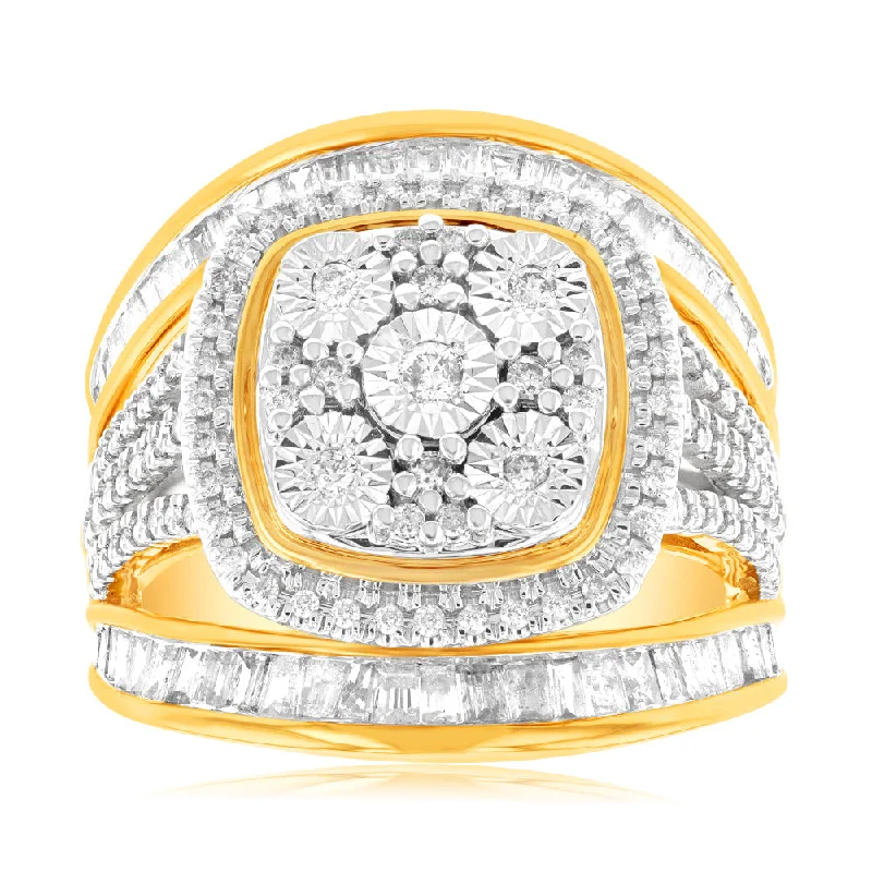 Simple engagement ring for women-9ct Yellow Gold 1 Carat Diamond Square Cushion Shape Cluster Dress Ring