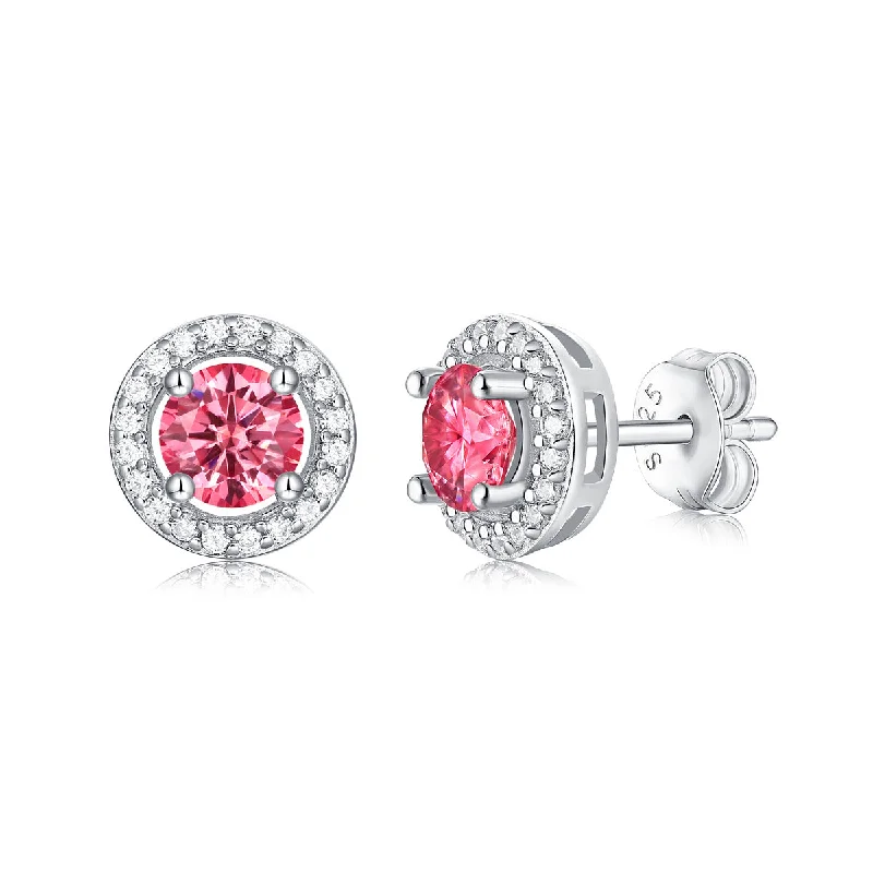 Heart shaped stud earrings for women-Sterling Silver 0.50 Lab-Grown Pink & White Moissanite Round Halo Stud Earrings