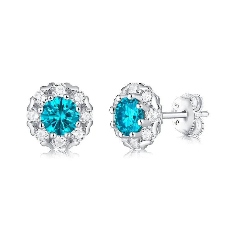 Fashion crystal earrings for women-Sterling Silver with 0.50ctw Lab Created Moissanite & Blue Topaz Round Halo Stud Earrings