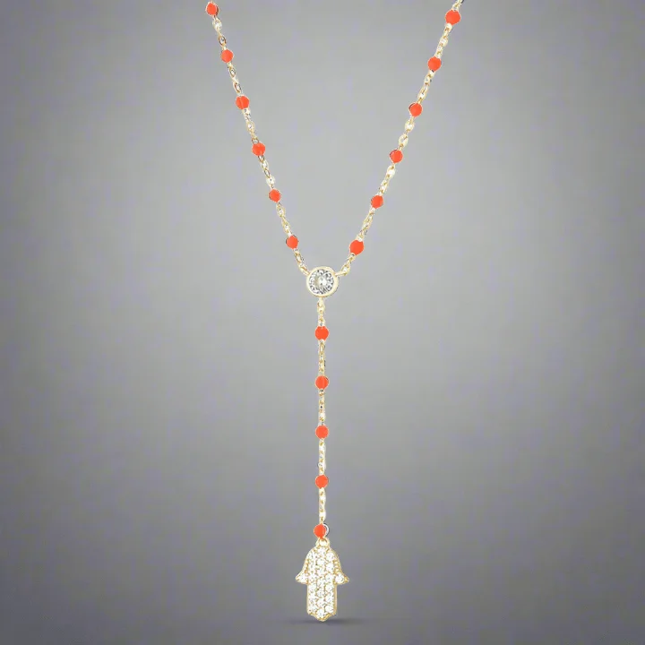 Simple necklace for women-YGP Sterling CZ Orange Enamel Hamsa Y-Necklace