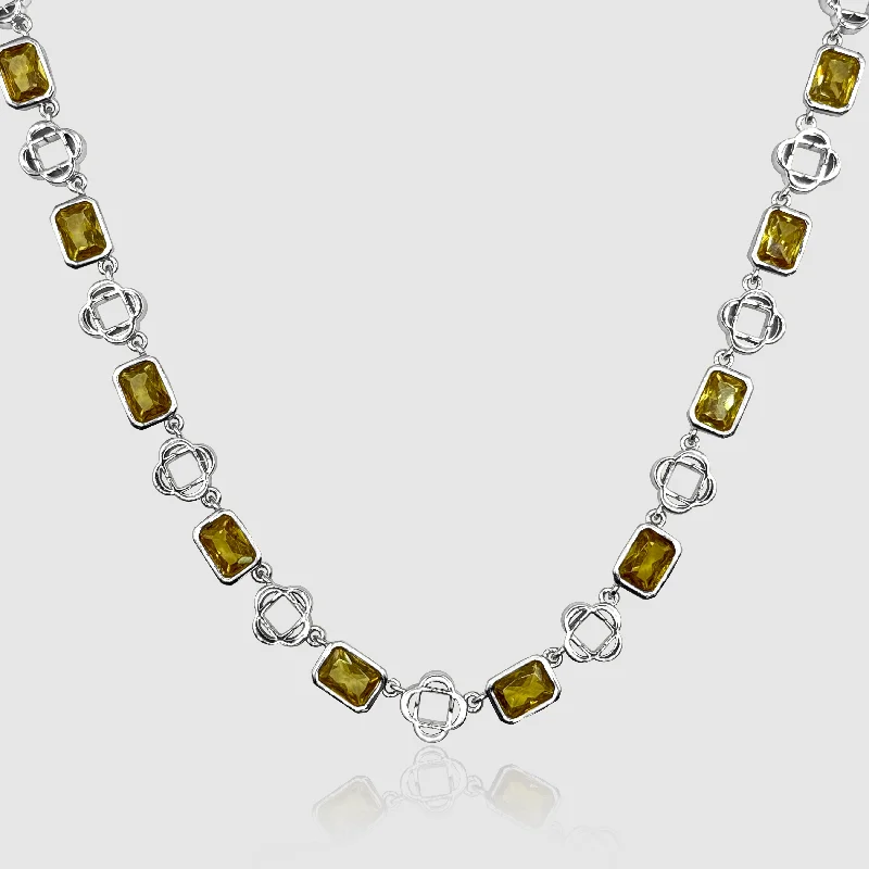 Personalized necklace for women-Yellow Gemstone Clover Necklace (Silver)