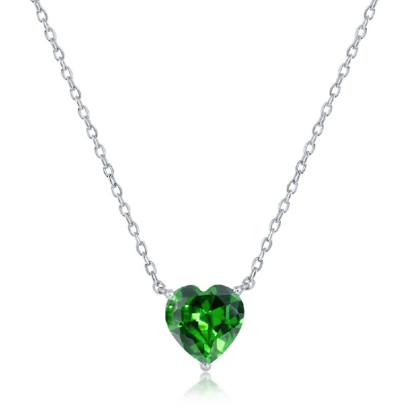 Personalized gold necklace for women-SS 8MM Green CZ Heart Necklace