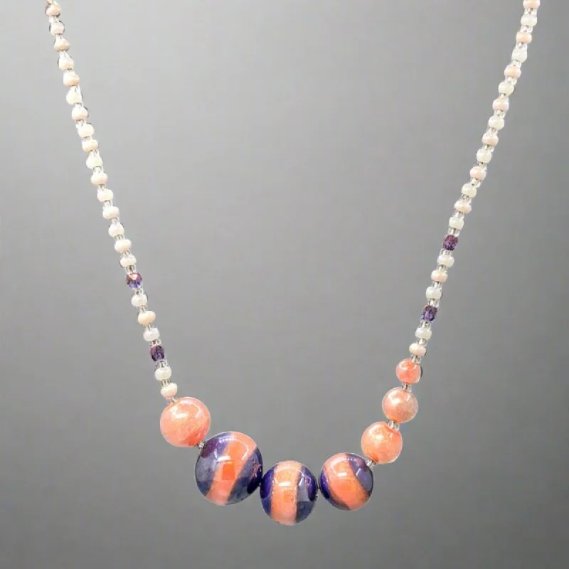 Cross necklace for women-STST Peach, White and Purple Murano Glass Beaded Necklace