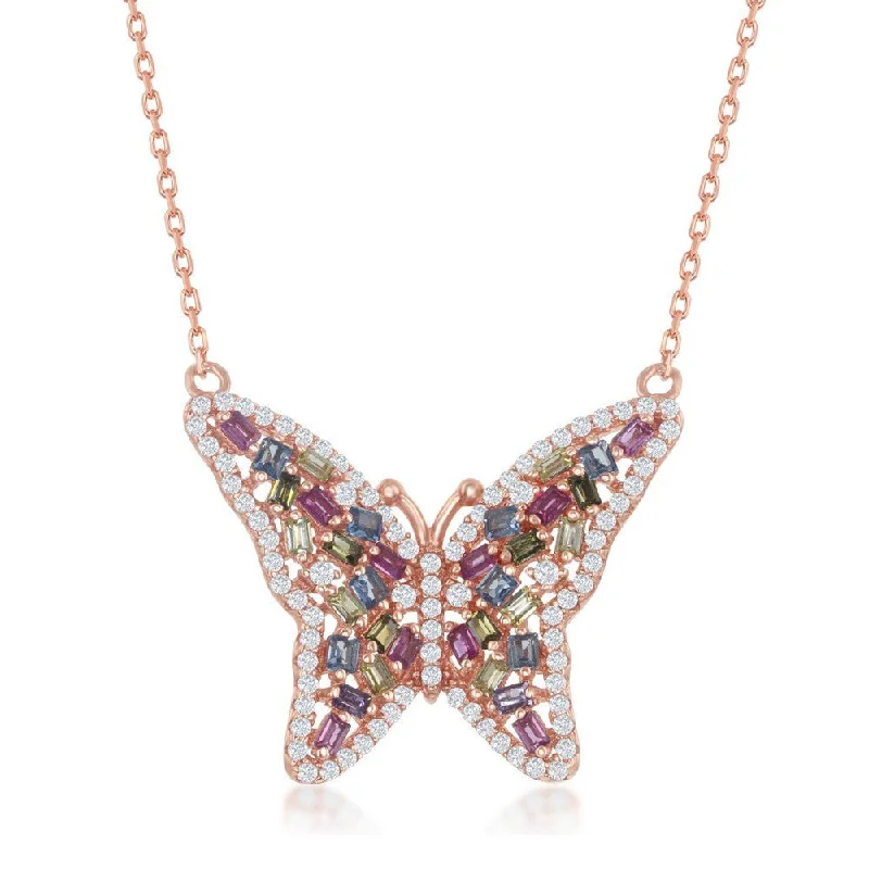 Necklace with initials for women-RGP Sterling Multi-Color CZ Butterfly Necklace