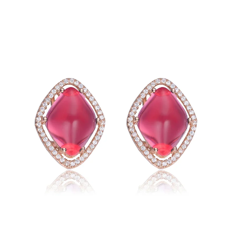 Boho earrings for women-Sterling Silver Red Cubic Zirconia Button Earrings