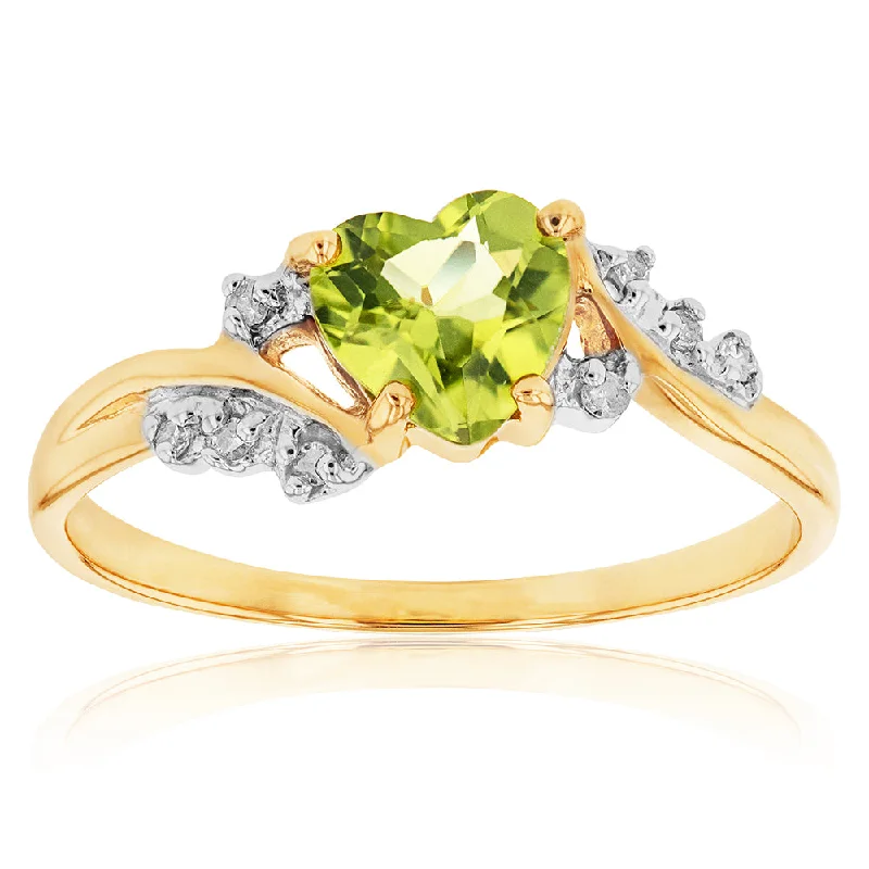 Vintage style engagement ring for women-9ct Yellow Gold Peridot and Diamond Heart Ring