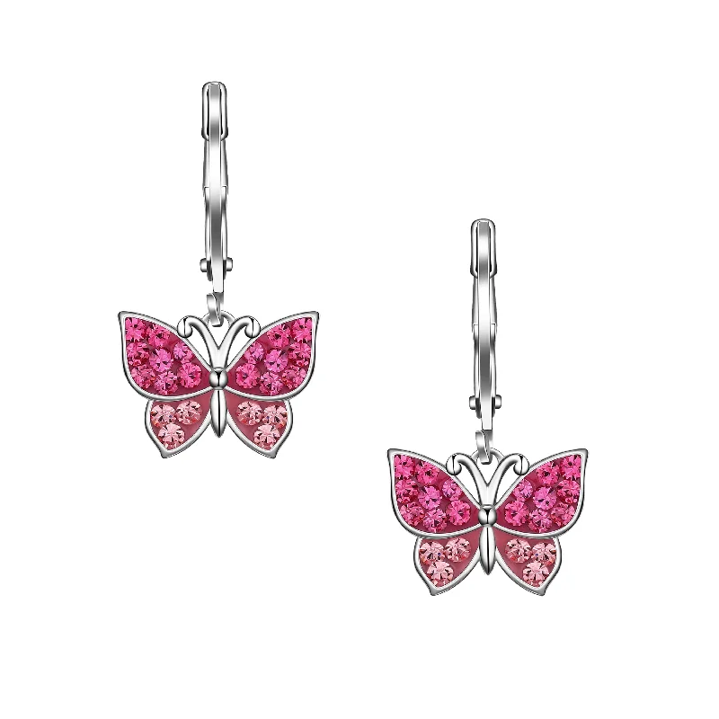 Vintage earrings for women-Crystal Butterfly Leverback Dangle Earrings - Pink