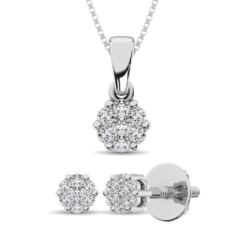 Simple and elegant engagement ring for women-Sterling Silver 1/4 Ct.Tw. Diamond Flower Jewelry Set