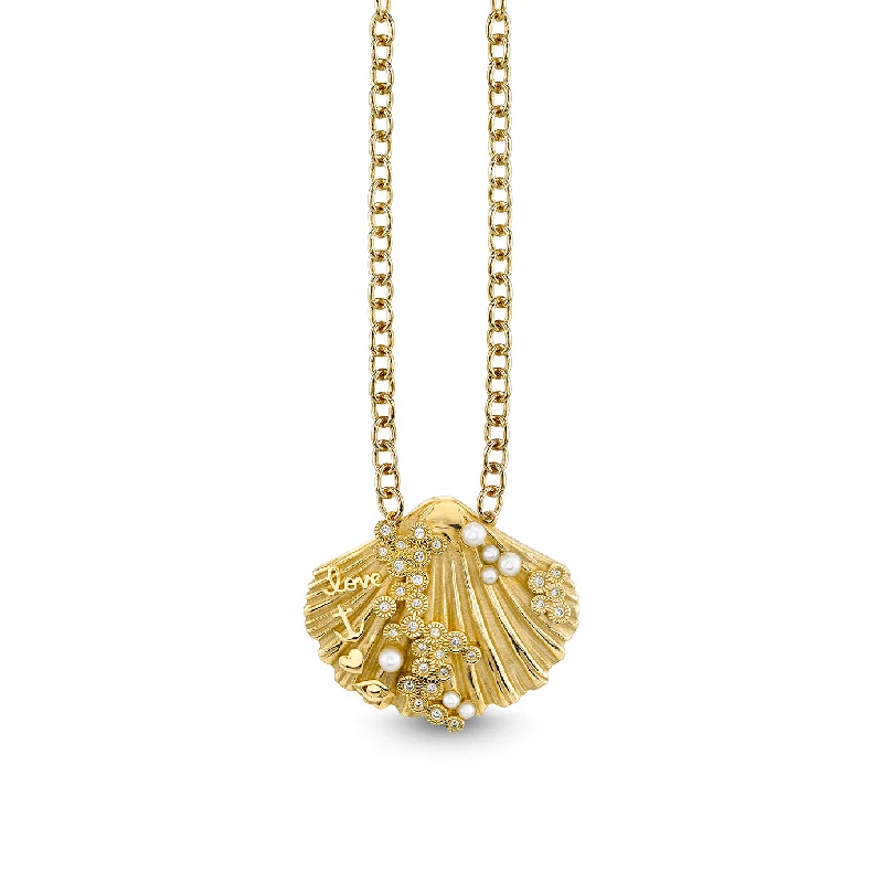 Gift necklace for women-Gold & Diamond Large Scallop Shell Icons Necklace