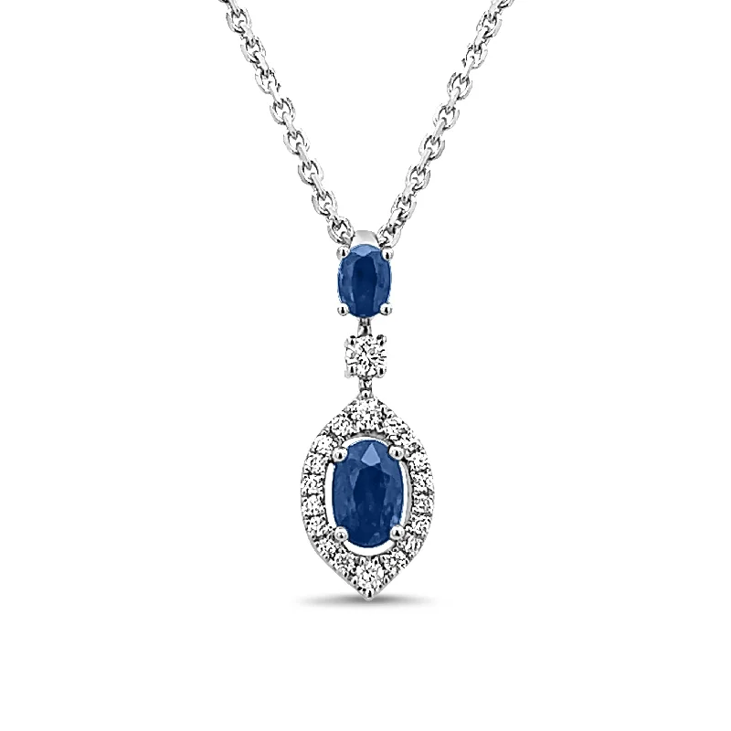 Trendy necklace for women-Double Oval Sapphire and Diamond Pendant