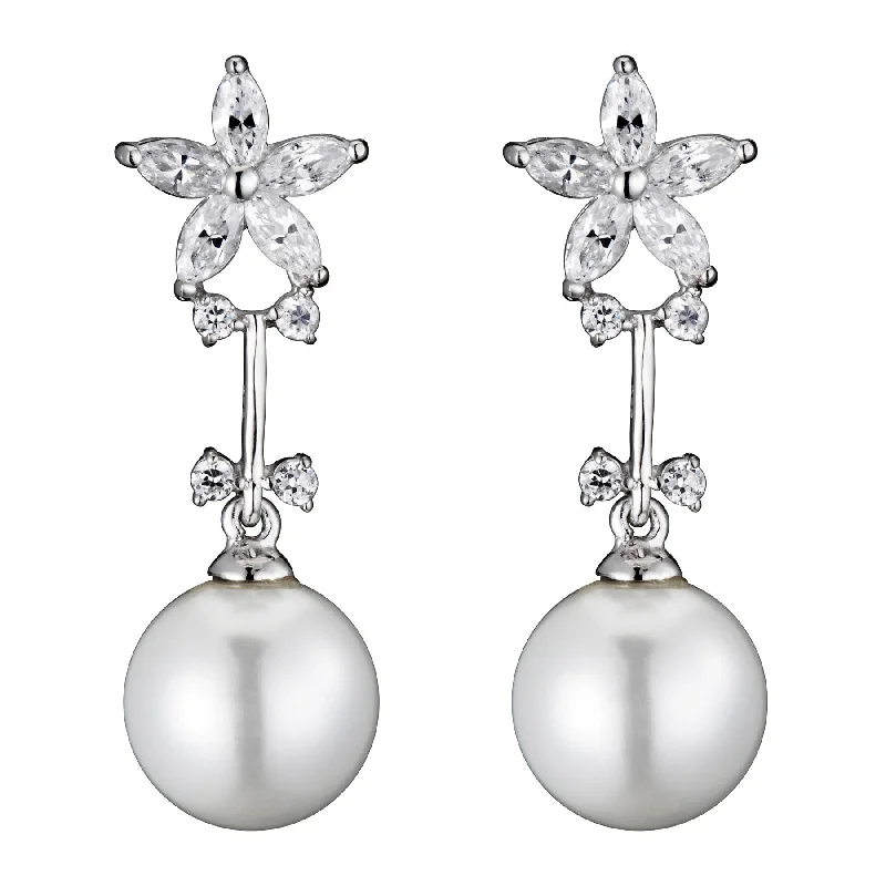 Elegant earrings for women-Cubic Zirconia Sterling Silver Faux Pearl and Clear Cubic Zirconia Drop Earrings