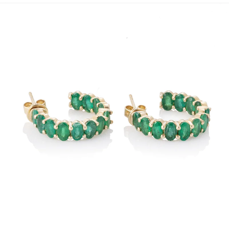 Wedding stud earrings for women-Oval Shaped Prong Set Emerald Inside Out Hoops