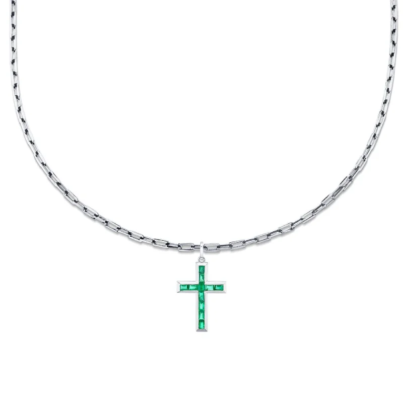 Chain and pendant necklace for women-EMERALD BAGUETTE CROSS PENDANT NECKLACE