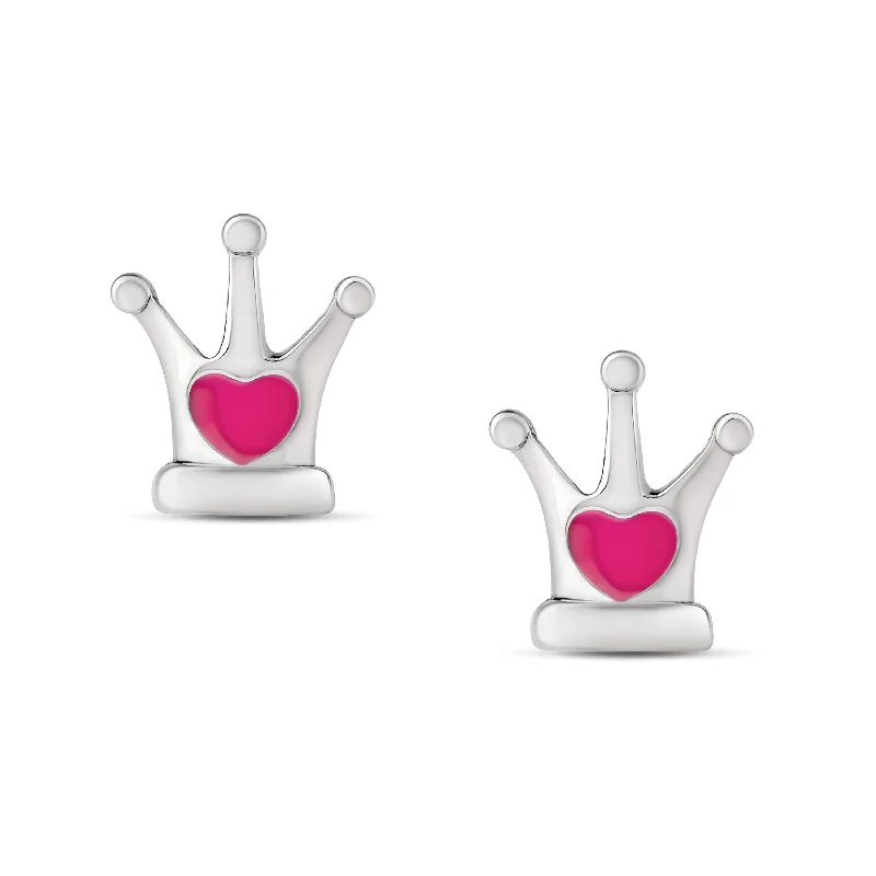 Geometric earrings for women-Pink Heart Crown Stud Earrings in Sterling Silver