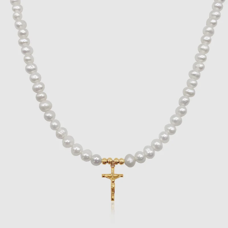 Diamond and sapphire necklace for women-Crucifix Real Pearl Necklace (Gold)