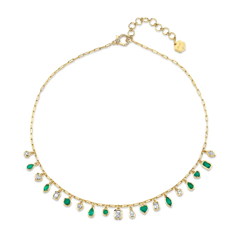 Vintage gold necklace for women-READY TO SHIP EMERALD AND DIAMOND MIXED DROP NECKLACE