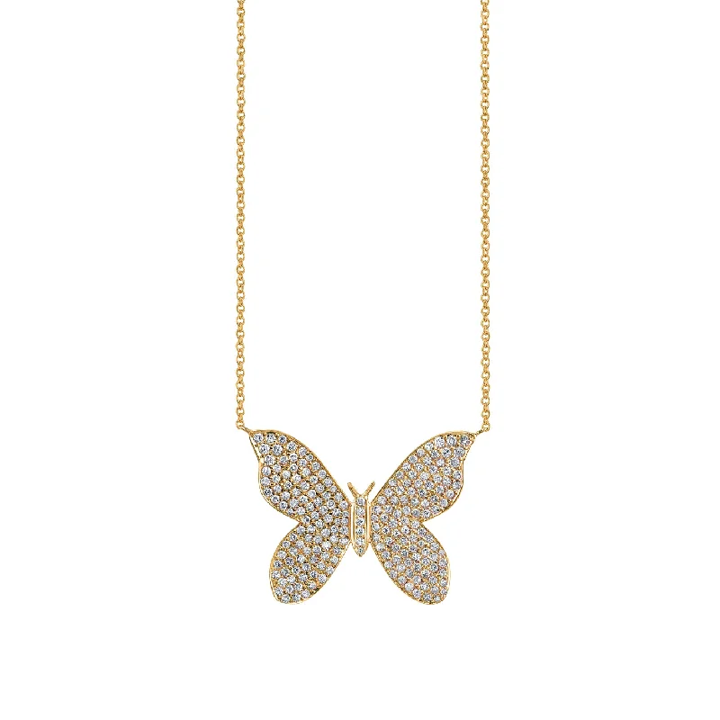 Necklace with colored diamonds for women-Gold & Diamond Large Butterfly Necklace