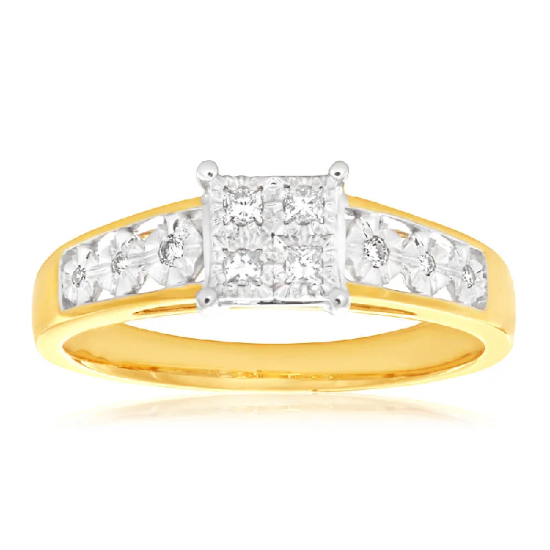 Engagement ring with pink diamond for women-9ct Yellow Gold 10 Diamonds Elegant Ring