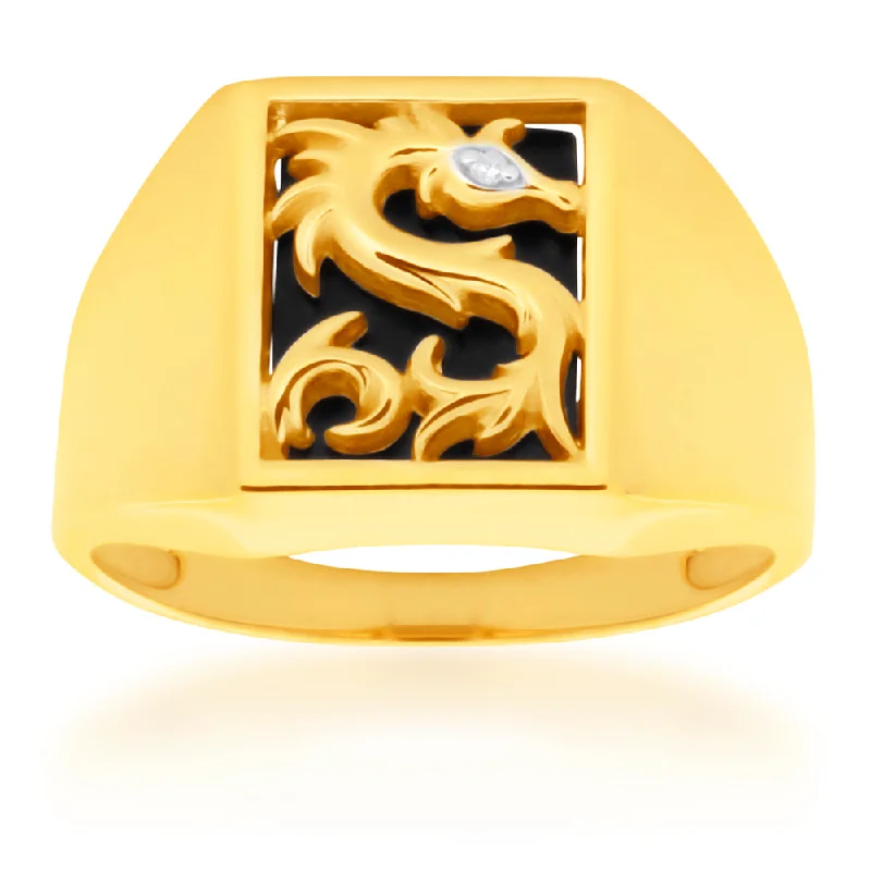 Oval cut engagement ring for women-9ct Yellow Gold Onyx and Diamond Dragon Gents Ring