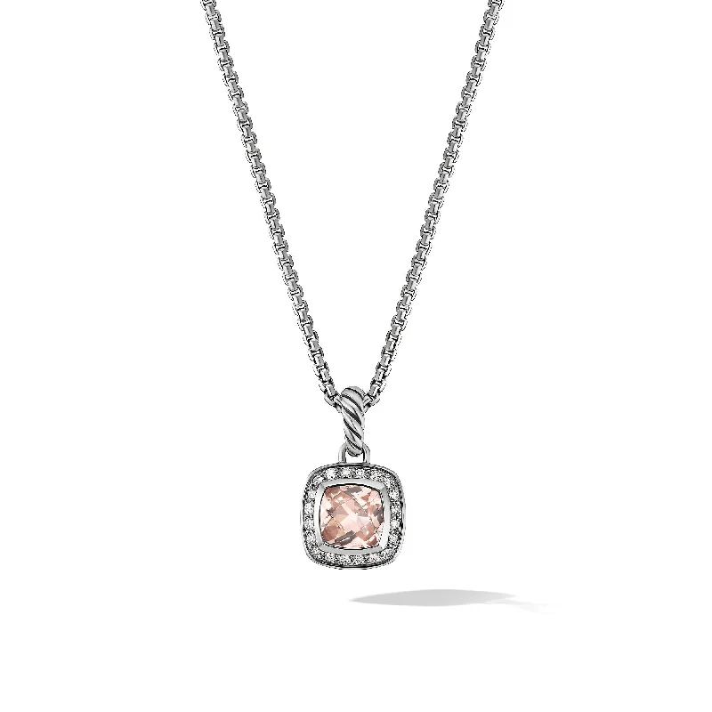 Matching necklace and earrings for women-Petite Albion® Pendant Necklace in Sterling Silver with Morganite and Diamonds\, 7mm