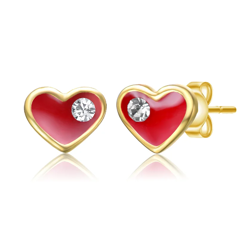 Cute earrings for women-14k Gold Plated Clear Cubic Zirconia & Red Enamel Heart Stud Earrings