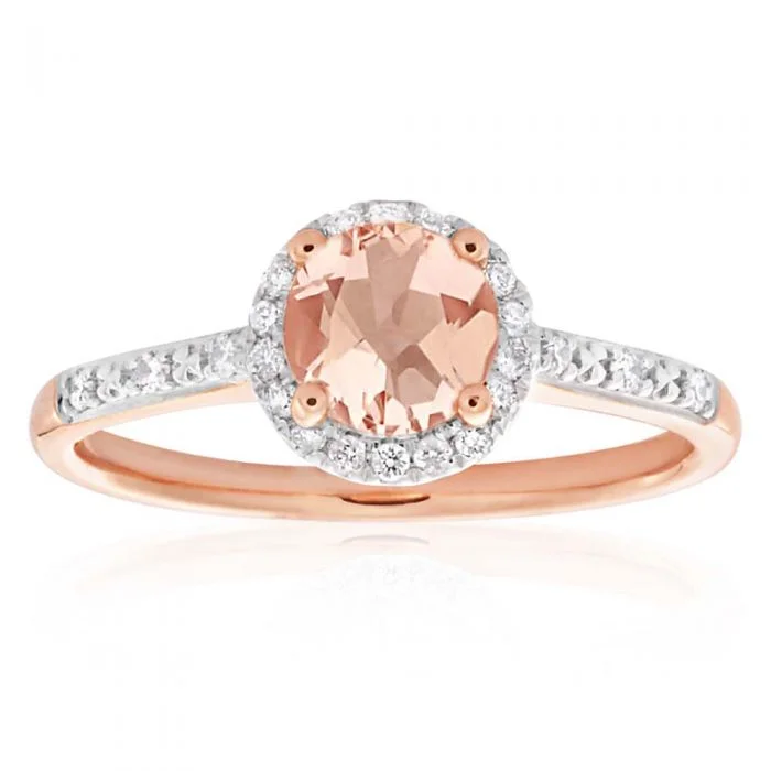 Round cut engagement ring for women-9ct Rose Gold 0.8ct Morganite and 0.10 Carat Diamond Halo Ring