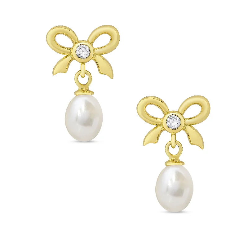 Custom birthstone earrings for women-CZ Bow and Freshwater Pearl Earrings