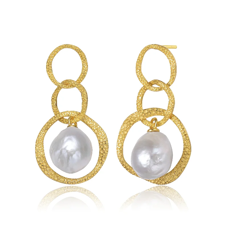 Diamond drop earrings for women-Brigitte Boho Golden Triple Circle Pearl Earring