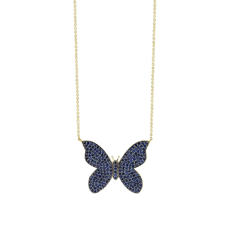 Wedding day necklace for women-Gold & Sapphire Large Butterfly Necklace