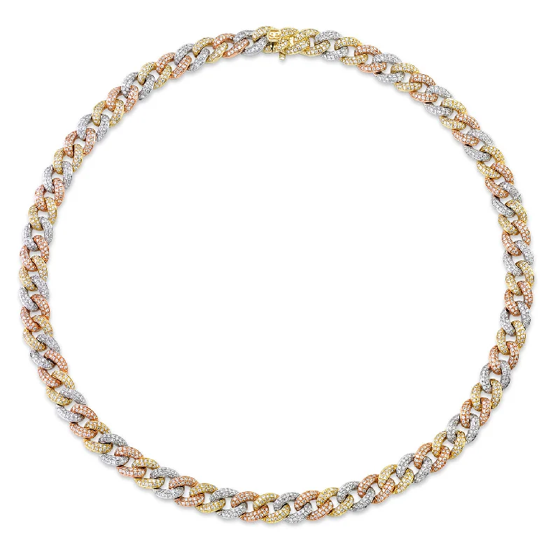 Diamond necklace for women-Tri-Tone Gold & Pave Diamond Small Link Necklace