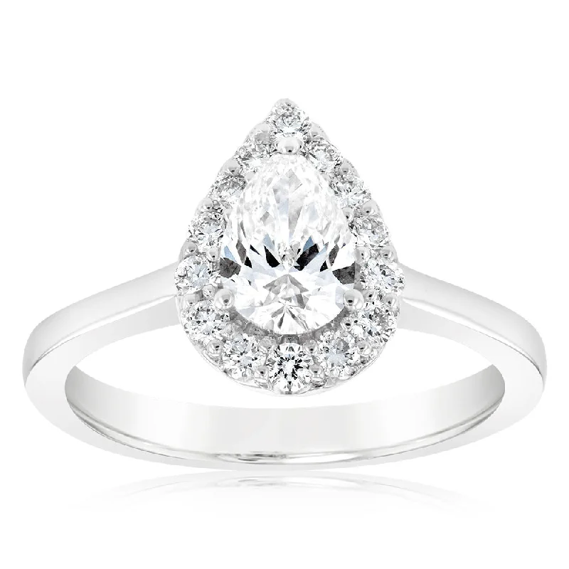 Wedding and engagement ring set for women-Luminesce Lab Grown 18ct White Gold 1 Carat Diamond Pear Halo Ring