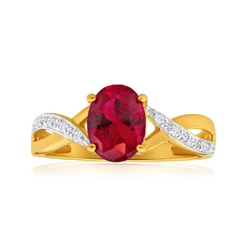 Round cut diamond engagement ring for women-9ct Yellow Gold Created Ruby and Diamond Cross Over Ring