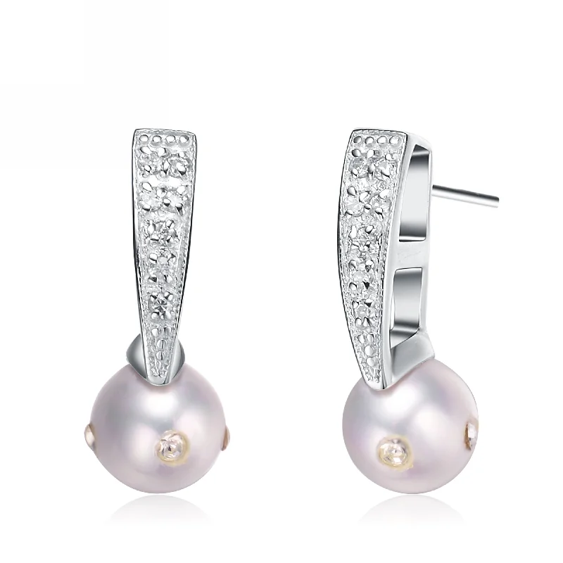 Wedding stud earrings for women-C.Z. Sterling Silver Rhodium Plated Pearl Drop Earrings