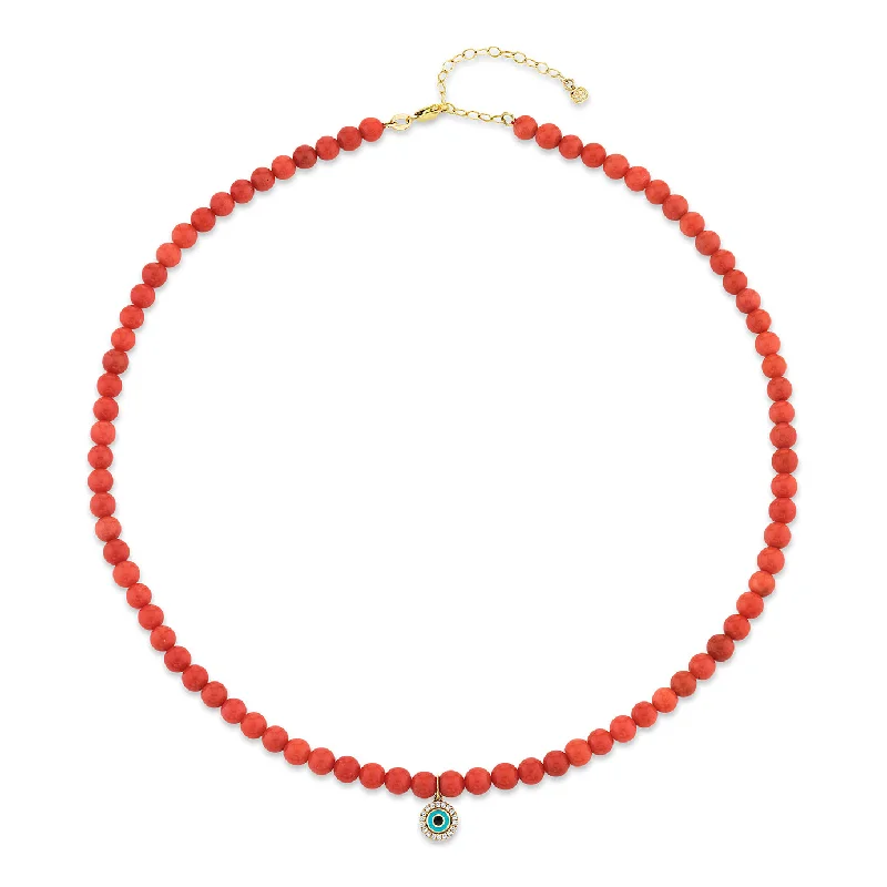 Large gemstone necklace for women-Gold & Diamond Enamel Eye Peach Coral Necklace