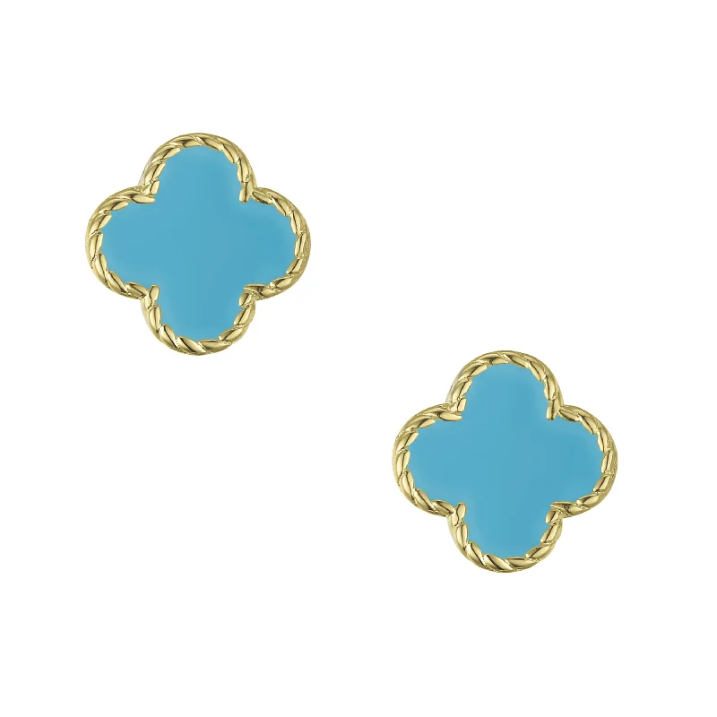 Sterling silver drop earrings for women-Four Leaf Clover Stud Earrings - Turquoise