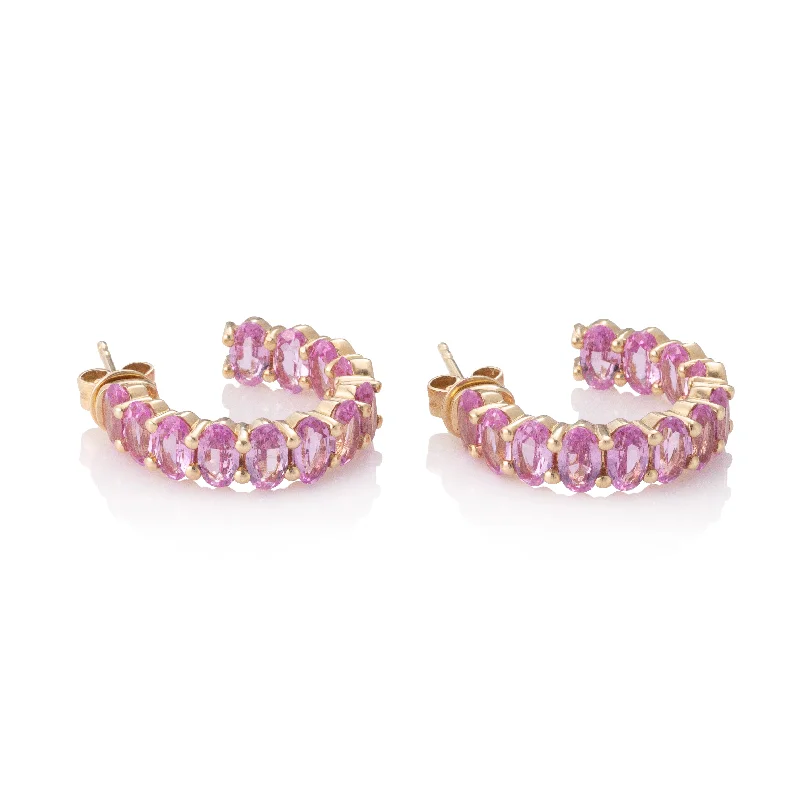 Geometric earrings for women-Oval Shaped Prong Pink Sapphire Inside Out Hoops