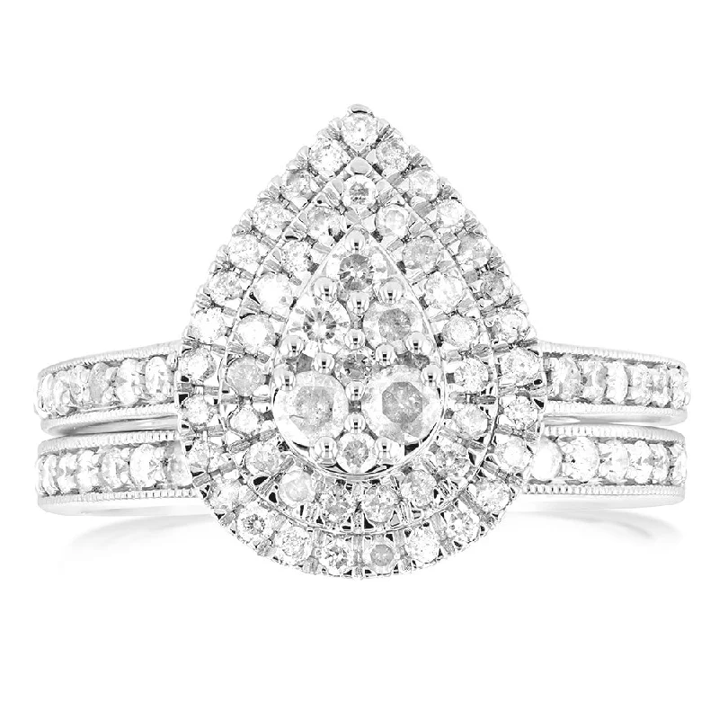 Traditional diamond engagement ring for women-Sterling Silver 1 Carat Diamond 2 Ring Bridal Set