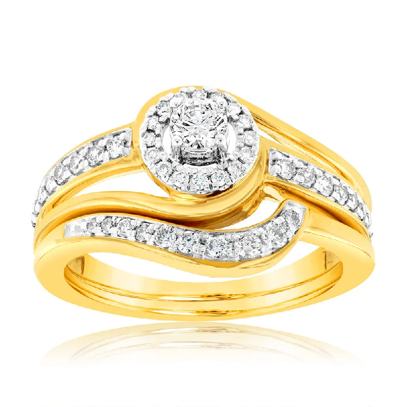 Wedding and engagement ring set for women-9ct Yellow Gold 1/2 Carat Diamond Bridal Set Ring with Halo Setting