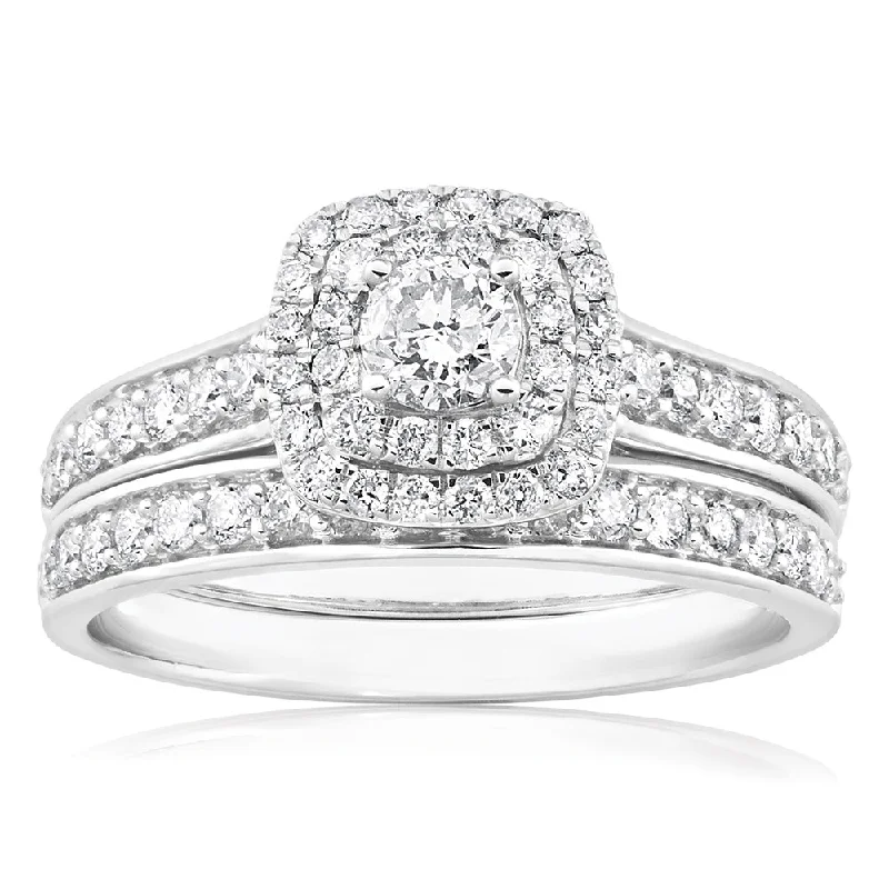 Engagement ring with princess diamond for women-9ct White Gold 2 Ring Bridal Set With 65 Diamonds Totalling 1 Carat